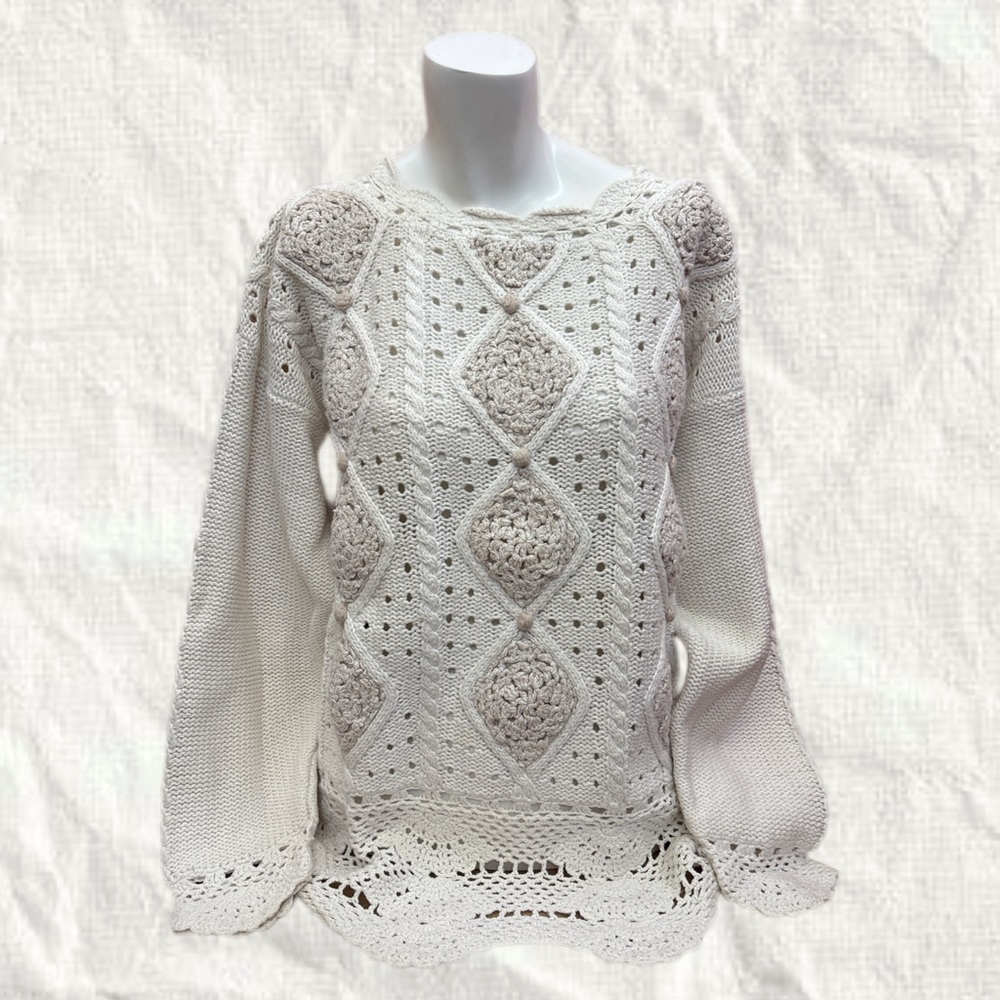 Vintage Cotton Knit Grandma Cottagecore Cream Sweater Size L